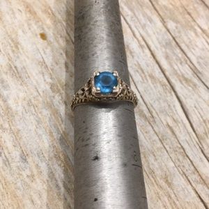 Antique Filigree Silver, 14k Gold, Blue Topaz Ring